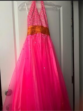 Tiffany Designs Hot Pink Halter Gown with Orange Sash